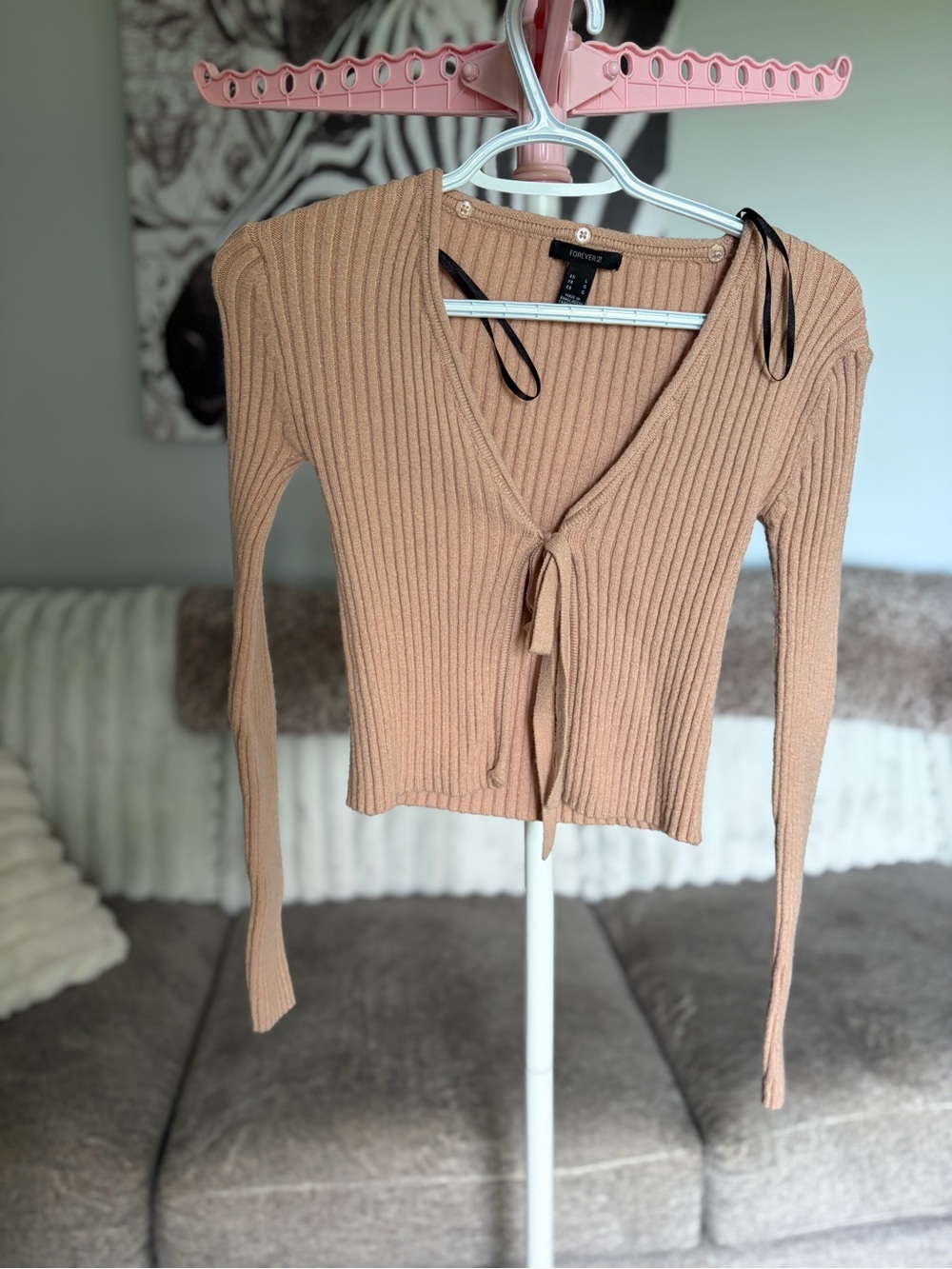 Forever 21 Ribbed Tie-Front Long Sleeve Top in Camel Brown